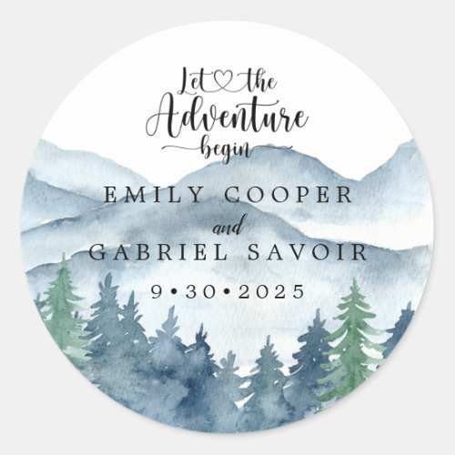 Mountain Watercolor Rustic Elegant Wedding Classic Round Sticker