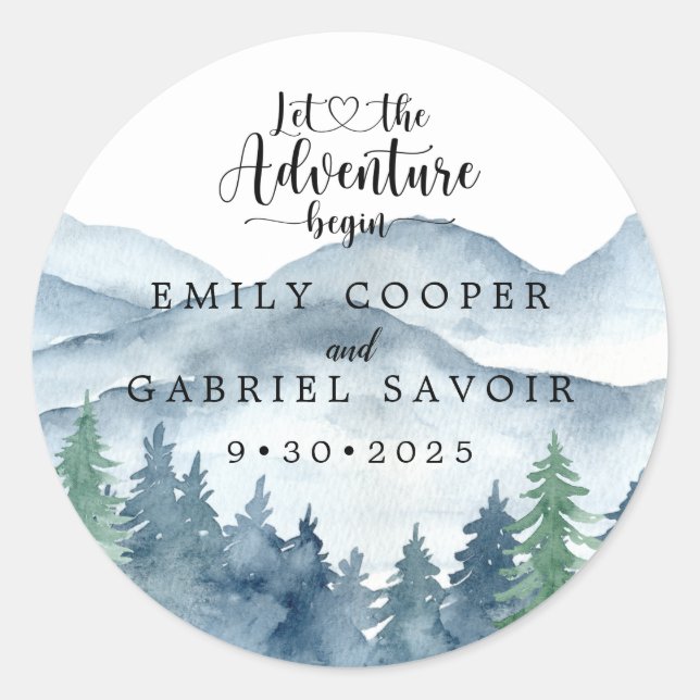 Mountain Watercolor Rustic Elegant Wedding Classic Round Sticker (Front)