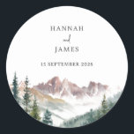 Mountain Watercolor Rustic Outdoor Wedding  Classic Round Sticker<br><div class="desc">Create your own personalized wedding stickers featuring minimalist design and elegant mountain landscape illustration.</div>