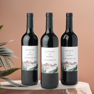 Mountain Watercolor Rustic Outdoor Wedding Wine Label