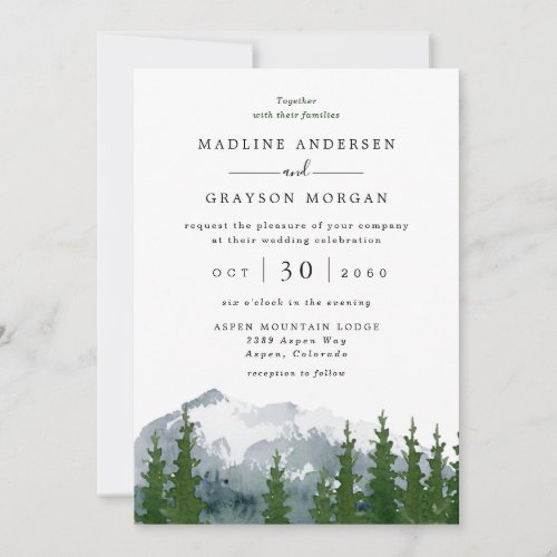 Mountain Watercolor Rustic Pine Tree Wedding  Invitation