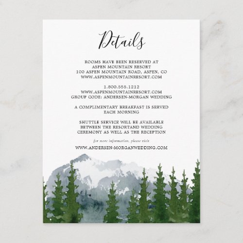 Mountain Watercolor Rustic Pine Wedding Details  Enclosure Card
