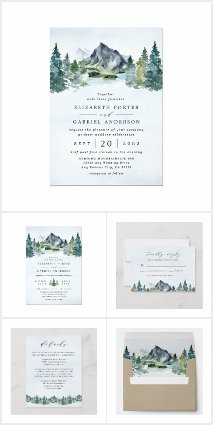 Mountain Watercolor Rustic Wedding Invitations Set