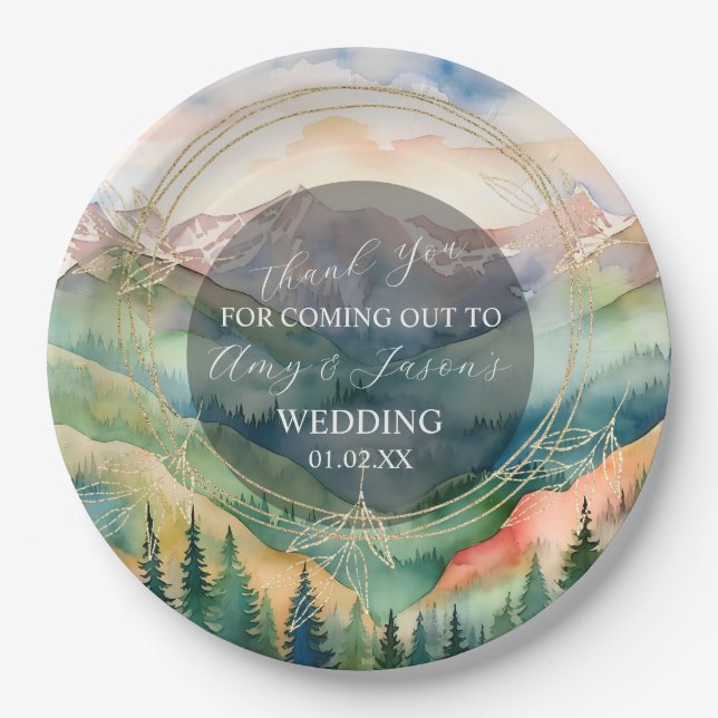 Mountain Watercolor Scenery Destination Wedding Paper Plates (Front)