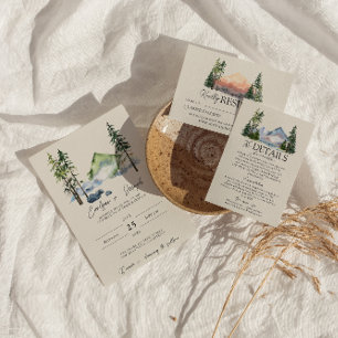 Mountain Watercolor Woodland Pine Trees Wedding Invitation