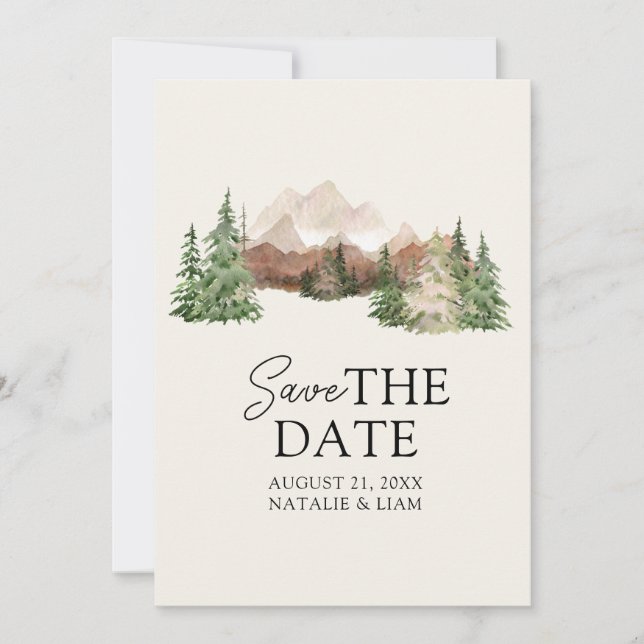 Mountain Watercolor Woodland Pine Trees Wedding   Save The Date (Front)