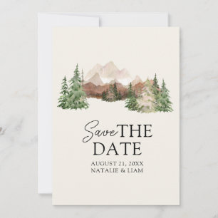 Mountain Watercolor Woodland Pine Trees Wedding Save The Date
