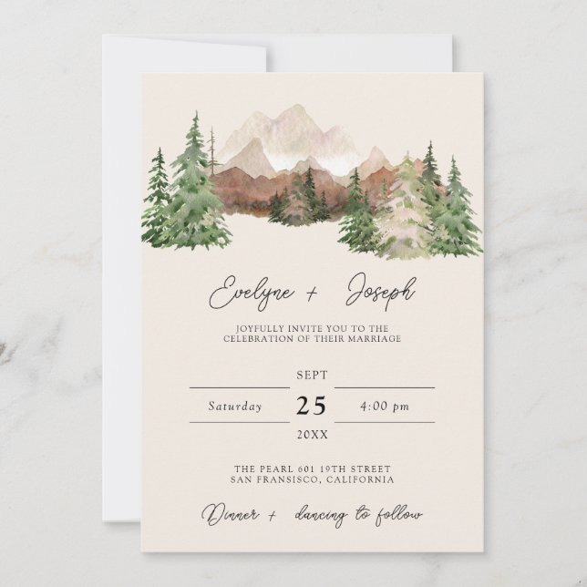 Mountain Watercolor Woodland Pine Wedding          Invitation (Front)