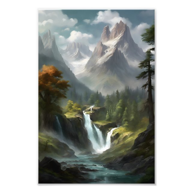 Mountain Waterfall Serenity - Nature Landscape Art Photo Print (Front)