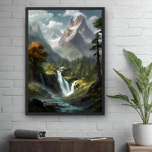 Mountain Waterfall Serenity - Nature Landscape Art