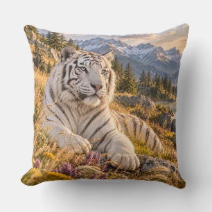 Mountain Waterfall White Tiger Design Throw Pillow