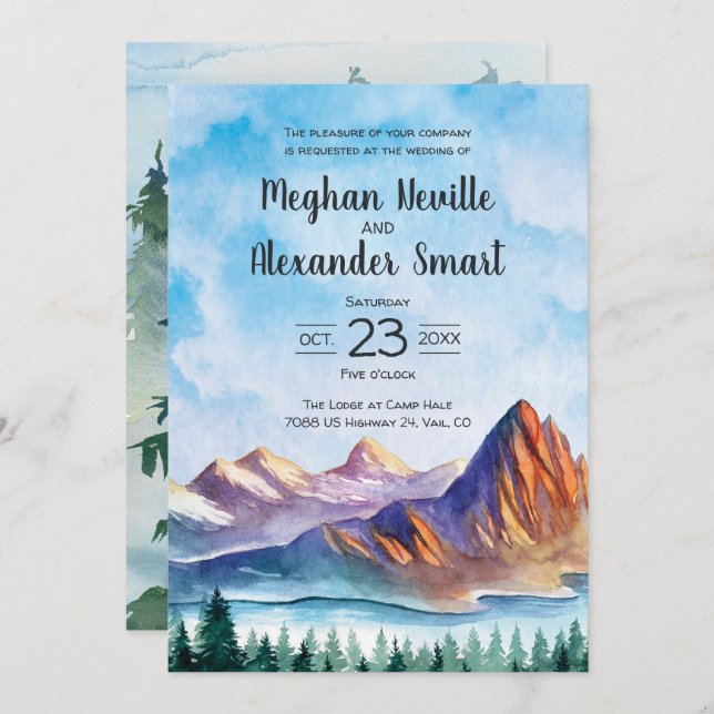 Mountain Wedding Invitation with water and forest (Front/Back)