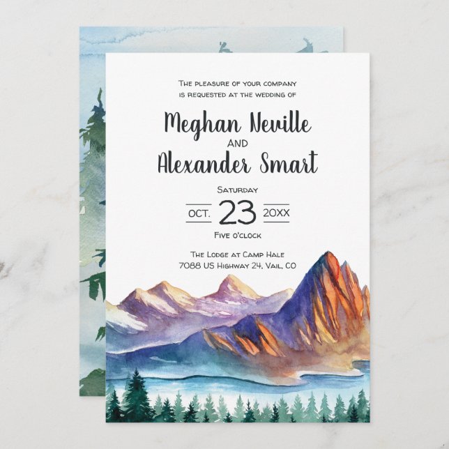 Mountain Wedding Invitation with water and pines (Front/Back)