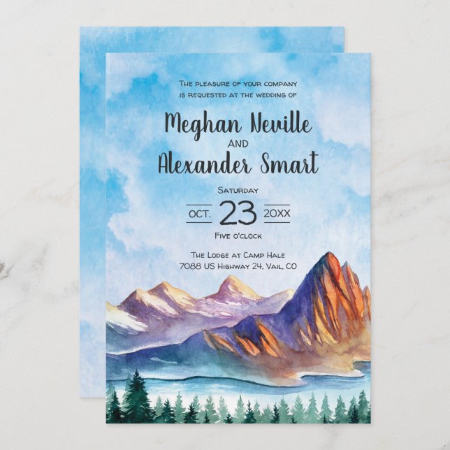 Mountain Wedding Invite with water, pines, big sky (Front/Back)