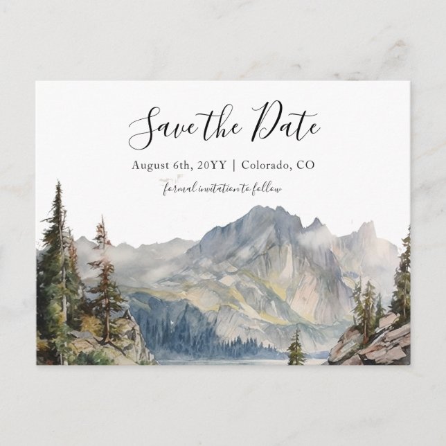 Mountain Wedding Lakeside save the date postcard (Front)