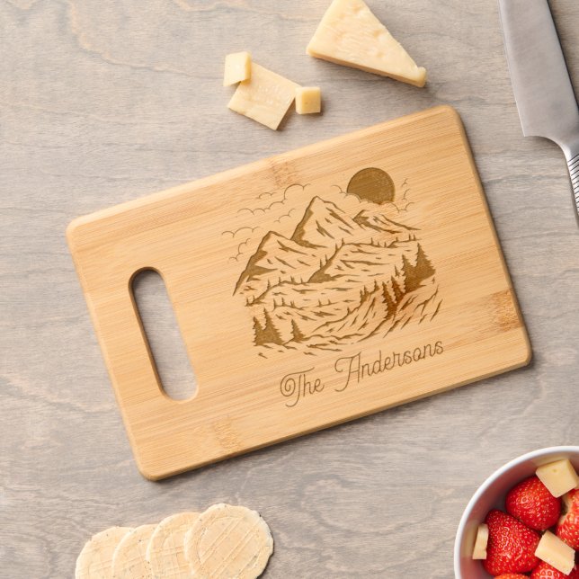 Mountain Wedding Landscape Custom Family Name Engraved Cutting Board (Cheese)