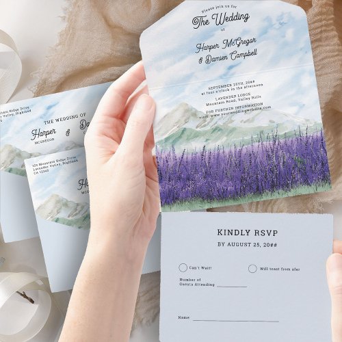 Mountain Wedding Lavender Meadow Watercolor All In One Invitation