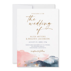 Mountain Wedding Modern Watercolor Navy Pink Gold Invitation