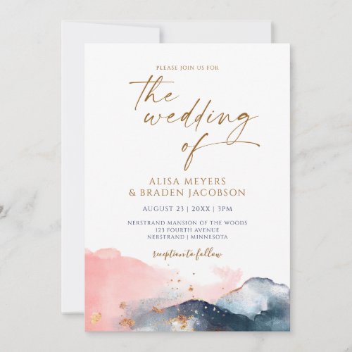 Mountain Wedding Modern Watercolor Navy Pink Gold Invitation