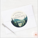 Mountain Wedding Save the Date Sticker<br><div class="desc">Add your custom wording to this design by using the "Edit this design template" boxes on the right hand side of the item, or click the blue "Customize it" button to arrange the text, change the fonts and colours and to also add additional information or images to this design. ****For...</div>
