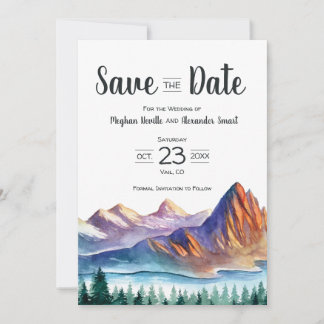 Mountain Wedding Save the Date with lake & forest