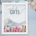 Mountain Wedding Watercolor Cards and Gifts Poster<br><div class="desc">Mountain wedding Cards & Gifts sign with an idyllic country landscape of blue ridge mountains and pink wildflower meadow. Beautiful nature inspired scenic design - perfect for outdoor destinations, mountain lakeside and country park retreats or dusty blue grey and pink color themes. Please browse my Mountain Meadow collection for matching...</div>