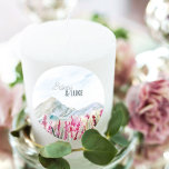 Mountain Wedding Watercolor Pink Wildflower Meadow Classic Round Sticker<br><div class="desc">Mountain wedding stickers with bride and groom names and an idyllic country landscape of blue ridge mountains and pink wildflower meadow. Customize with the design tool to drag the text into the best position for your names. Beautiful nature inspired scenic design - perfect for outdoor destinations, mountain lakeside and country...</div>