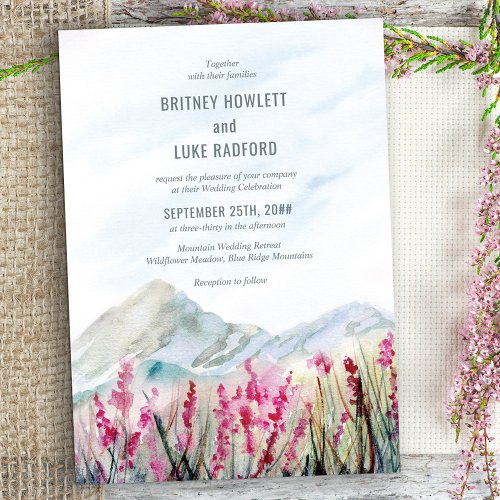 Mountain Wedding Watercolor Pink Wildflower Meadow Invitation