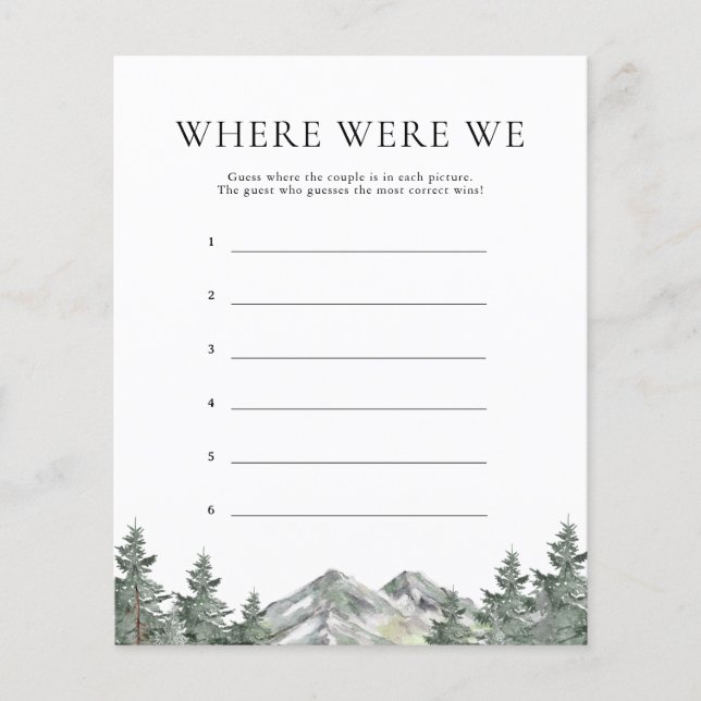 Mountain Where Were We Bridal Shower Game (Front)