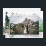 Mountain Wildflower Boho | Wedding Photo Thank You<br><div class="desc">Elegant and rustic wedding thank you template 2-sided card featuring a beautiful free-spirited script "thank you" that can be changed to any color. These professionally designed cards are quickly customizable. This mellow mountain palette with evergreen, and dusty blue definitely feels both elegant and rustic. It’s as boho vintage as it...</div>