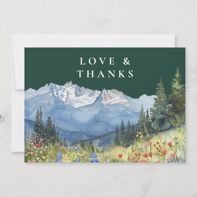 Mountain Wildflower Emerald Green Wedding Photo Thank You Card (Front)