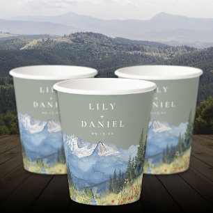 Mountain Wildflower Floral Sage Green Wedding Paper Cups