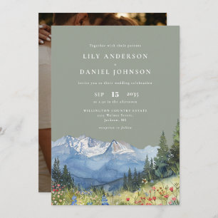 Mountain Wildflower Photo Sage Green Wedding Invitation