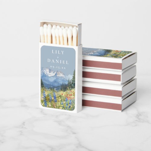 Mountain Wildflowers Floral Dusty Blue Wedding Matchboxes