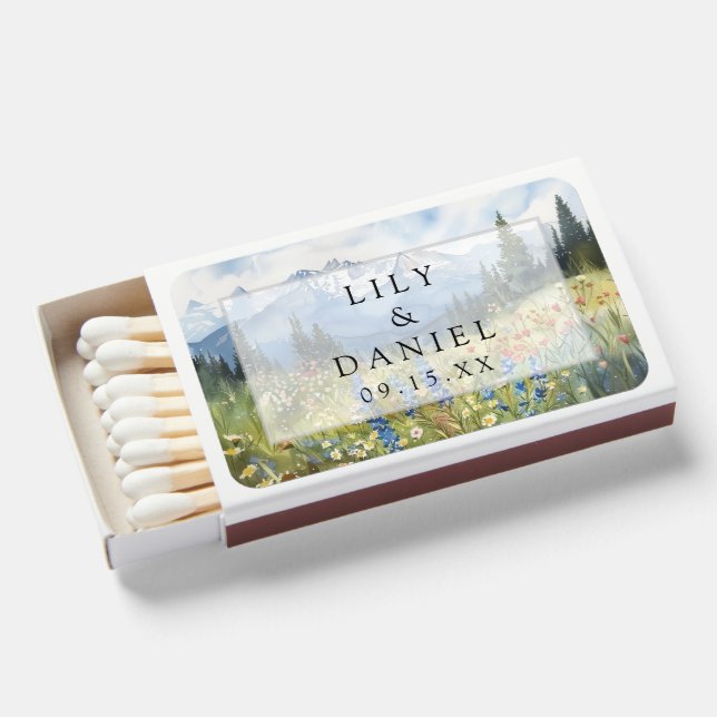 Mountain Wildflowers Floral Meadow Wedding Matchboxes (Front Open)