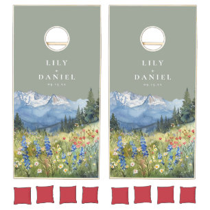 Mountain Wildflowers Floral Sage Green Wedding Cornhole Set
