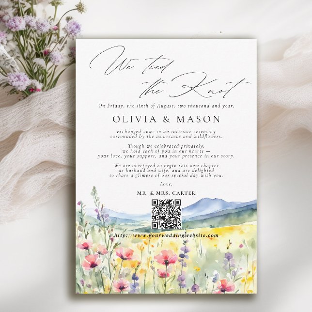 Mountain Wildflowers Modern Wedding Announcement (mountain wedding announcement elopement wildflowers meadow floral watercolor modern calligraphy )