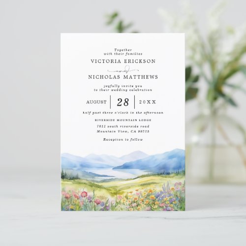 Mountain Wildflowers Rustic Budget QR Code Wedding Invitation