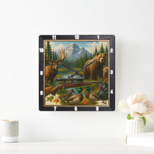 Mountain Wildlife Hunter's Trophy Square Wall Clock