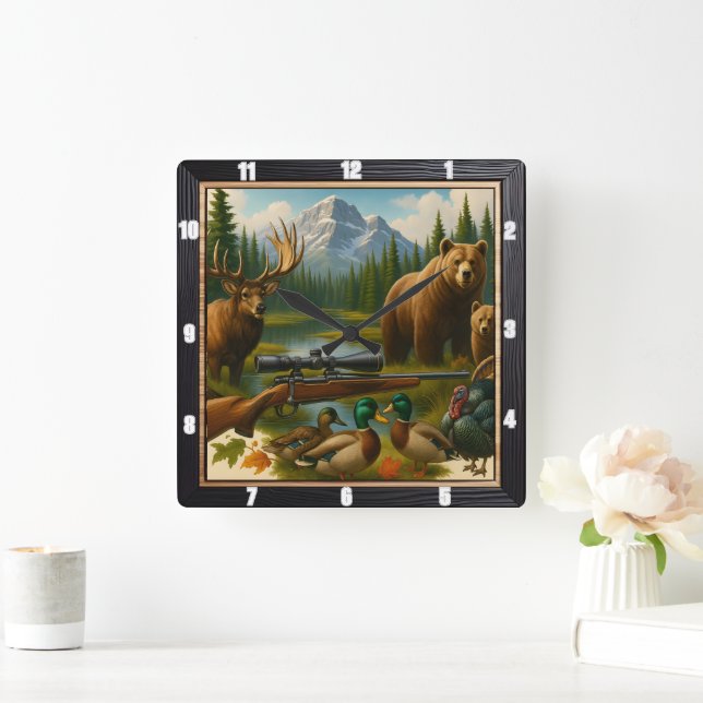 Mountain Wildlife Hunter's Trophy Square Wall Clock (Home)