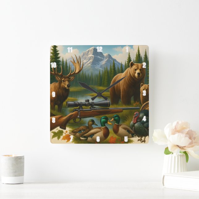 Mountain Wildlife Majestic Elk Hunter's Trophy Square Wall Clock (Home)