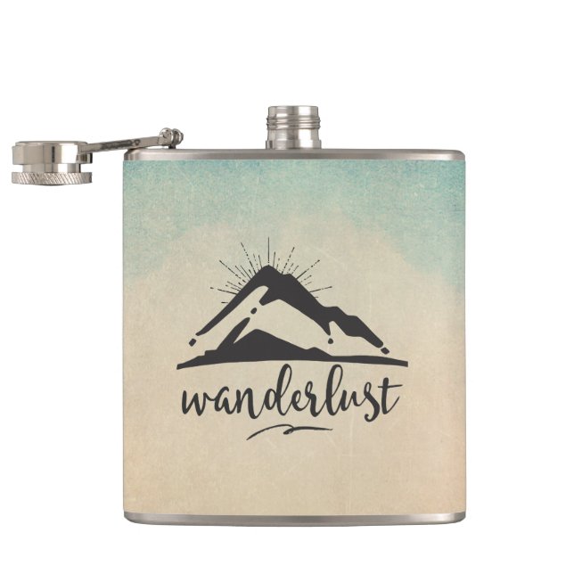 Mountain with Sunrays and Wanderlust Typography Flask (Opened)