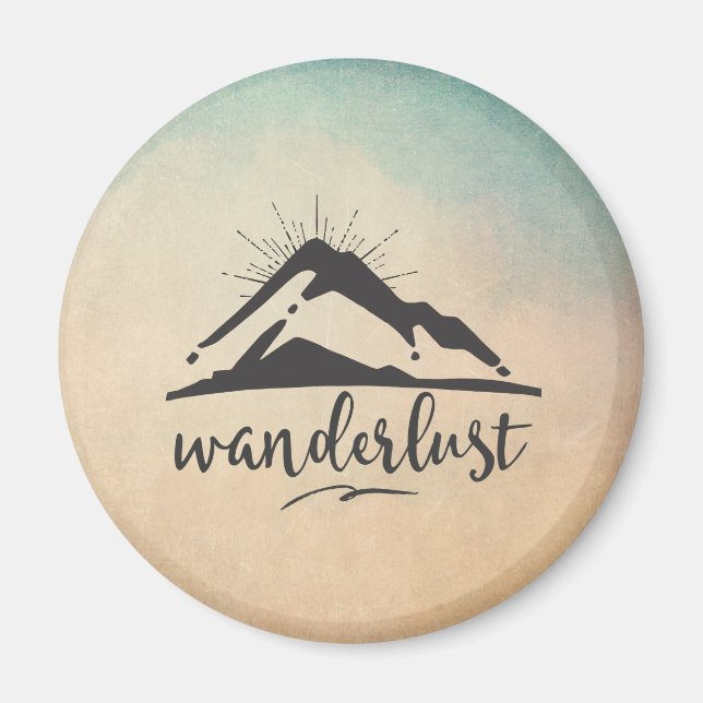 Mountain with Sunrays and Wanderlust Typography Magnet (Front)