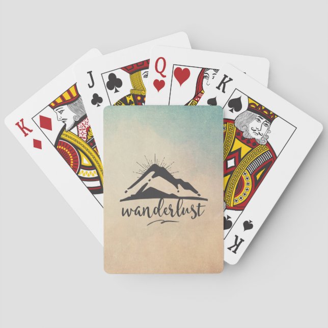 Mountain with Sunrays and Wanderlust Typography Poker Cards (Back)