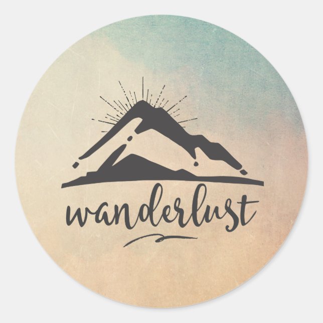 Mountain with Sunrays - Wanderlust Typography Classic Round Sticker (Front)