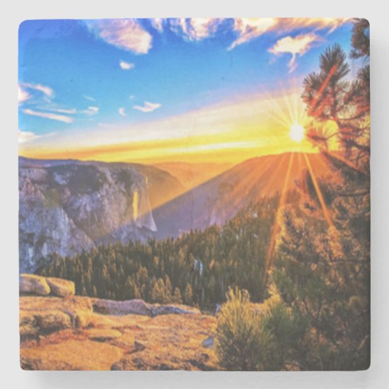 Mountain with sunrise photo stone coaster