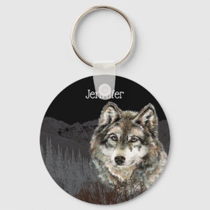 Mountain with Watercolor Wolf Animal Custom Name Keychain