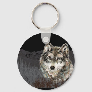 Mountain with Watercolor Wolf Animal wilderness Keychain