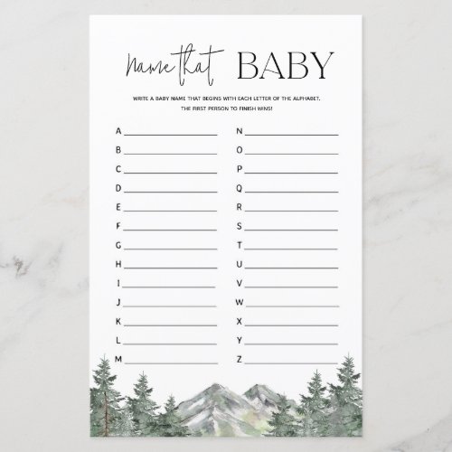 Mountain Woodland Baby Shower Name That Baby Game