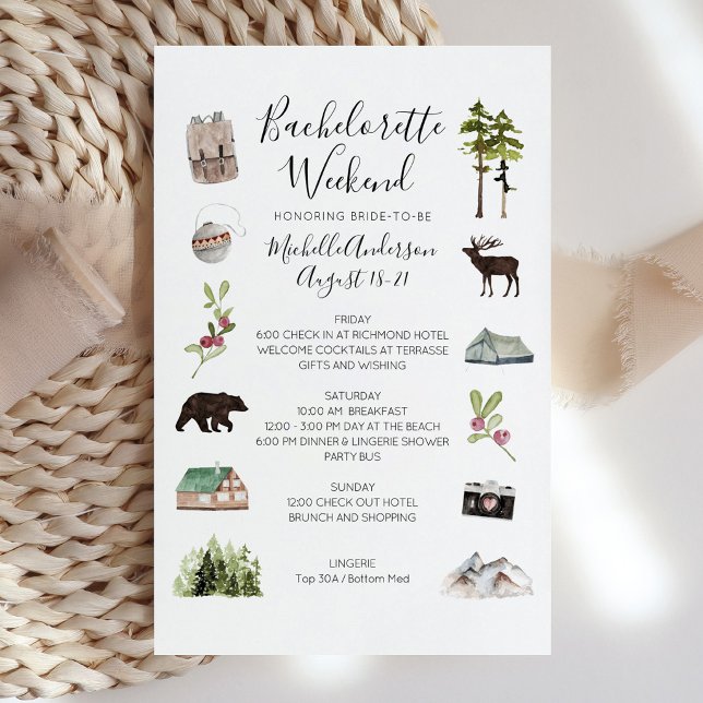 Mountain Woods Bachelorette Weekend Itinerary (Mountain Woods Bachelorette Weekend Itinerary invitation)